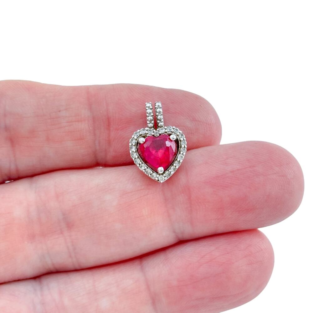 Vintage Sterling Silver 925 Lab Created Ruby Heart Sapphire Halo Pendant